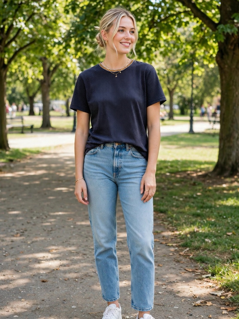 Denim & Flower Navy Pin Dot T-Shirt Contrast Striped Collar Tee Shirt | L